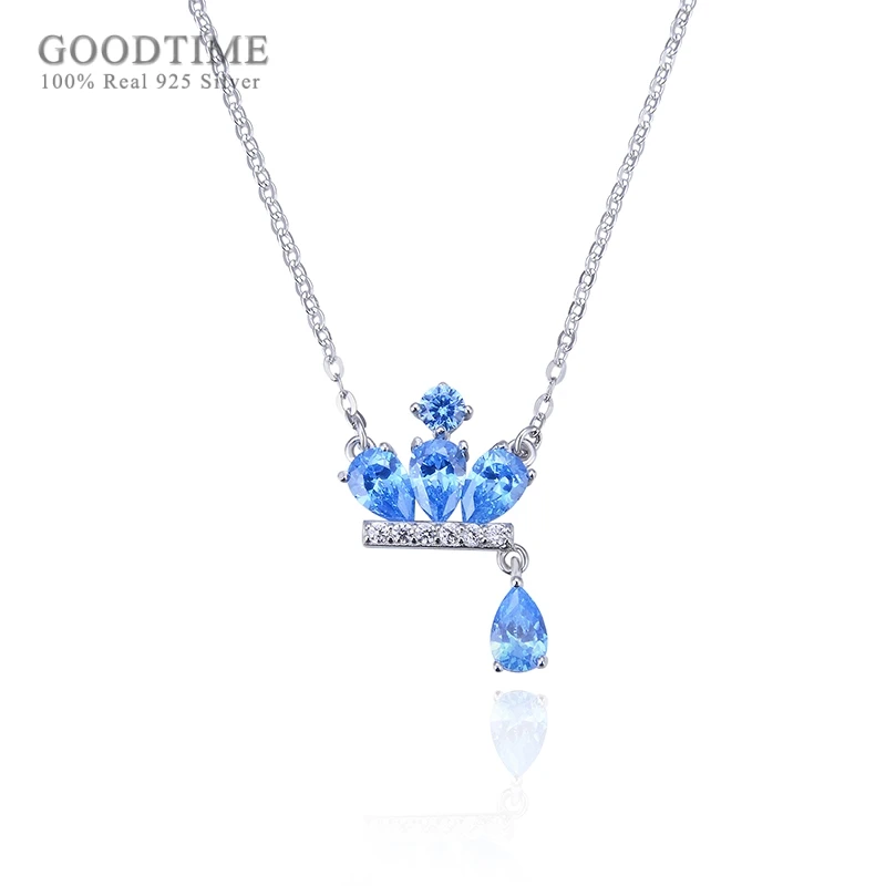 

Noble Women Crown Necklace Pendan Pure 925 Sterling Silver Clavicle Necklace Blue Zircon Chain Necklace Chain Jewelry Accessory