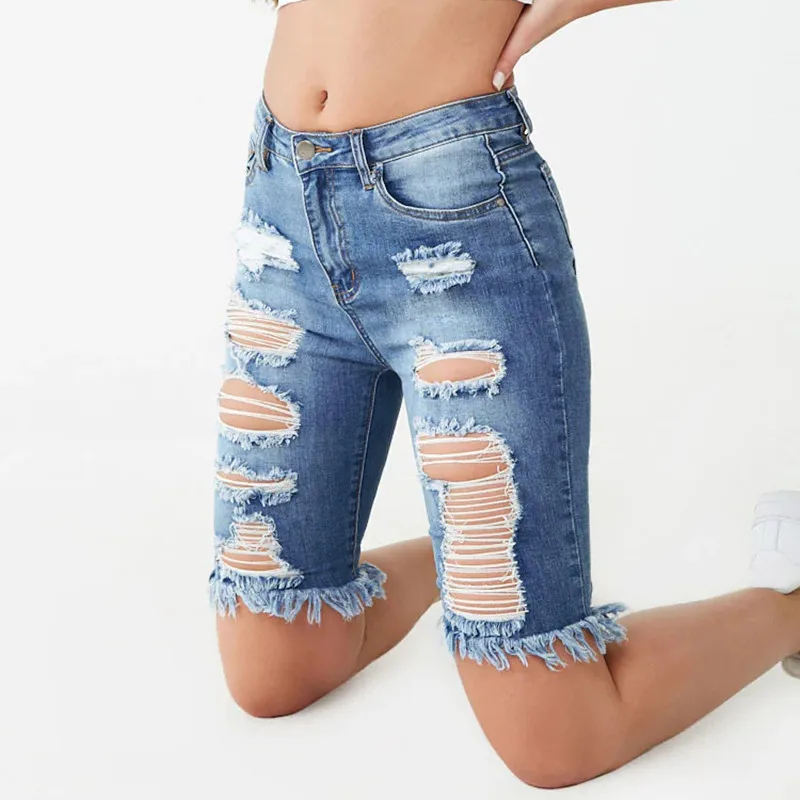 

Women's Distressed Denim Pants, Knee Length, Stretch Skinny Mom Jeans with Hole, Tassel Blue Capris, Summer