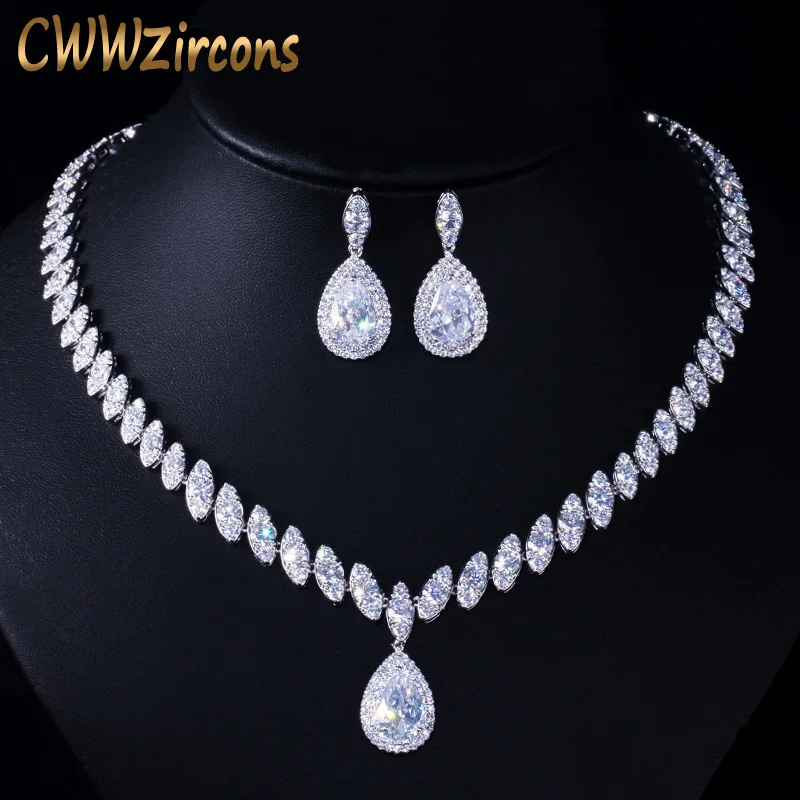 CWWZircons высокое качество, кубический цирконий, свадебное ожерелье и серьги, роскошный кристалл, наборы свадебных ювелирных изделий для подружек невесты T109