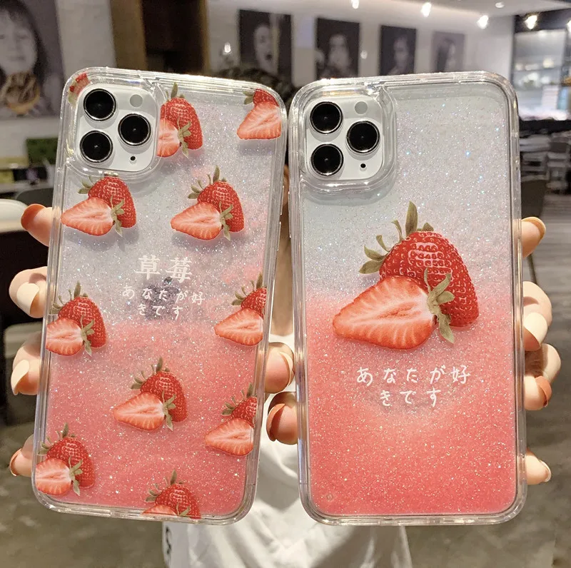 

Ins strawberry Pink Quicksand Phone Case For iPhone11 XSMAX 78PLUS SE2020 soft Cover XR 6SP Skinny Shell Protection