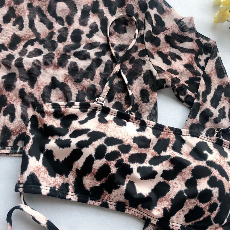 

Long Sleeve Leopard 3 Piece Swimsuit High Cut Push Up Padded Bikini Female Bathers Sports Bathing Suit Thong Swimwear Biquini