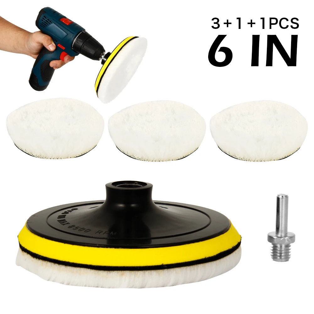 

5X 6inch Wool Polishing Pads Buffing Wheel Mop Kit Polish Pad With Hook Loop For Car Polisher Drill Adapter Accessories