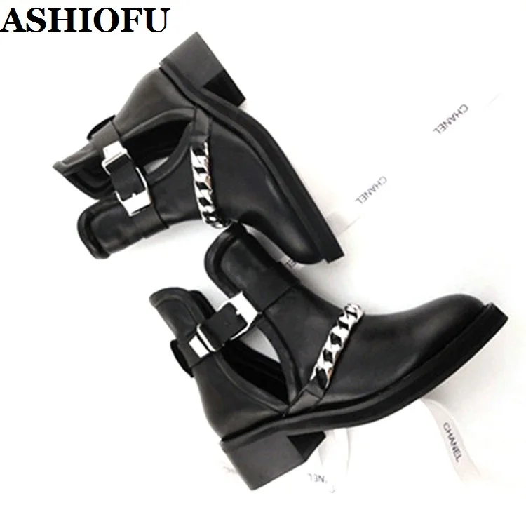 

ASHIOFU New Style Women's Block Heels Boots Belt-buckle Iron Chain Martin Boots Classic Autumn Party Fashion Ankle Boots Shoes