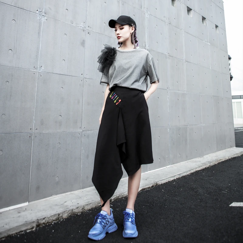 LANMREM 2020 черные брюки до колена с эластичной резинкой на талии Женская булавка