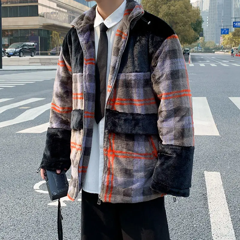 

Fashion Winter New Style Rabbit Hair Lapel Thickened Contrast Color Splicing Cotton Coat Fur Coat