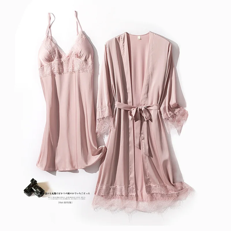 

Spring New Women Twinset Robe Sets Nightdress Sexy Lace Kimono Bathrobe Gown Soft 2PCS Nighty&Robe Suit Intimate Lingerie