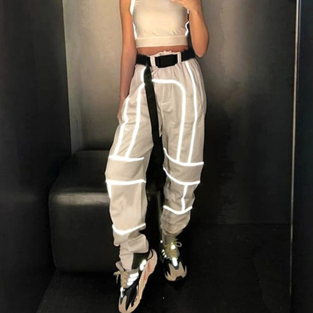 Осень Зима Светоотражающие Брюки карго женские хаки повседневные шаровары