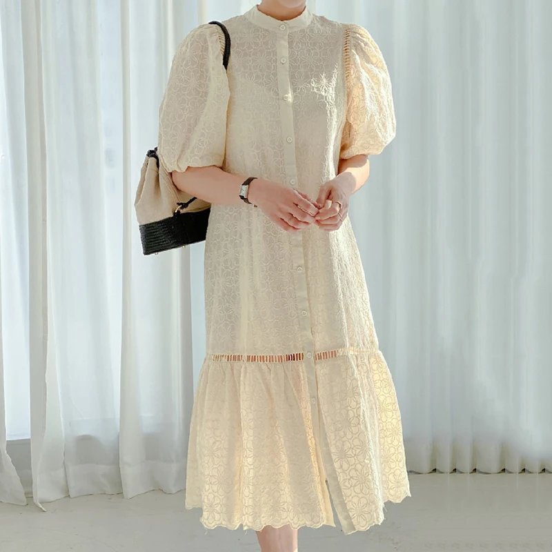 

Korejpaa Women Dress 2021 Korea Chic Elegant Stand Collar Single-breasted Lace Embroidery Hollow Lantern Sleeve Long Vestido