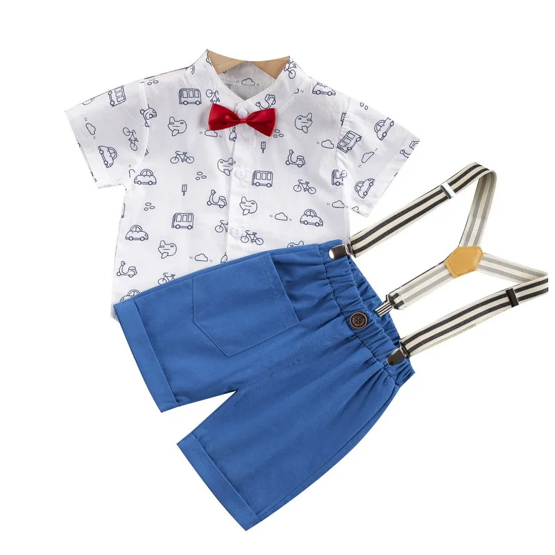 

Boys Clothing Sets 2021 Summer New Kids Boys Short Sleeve Cartoon Print Bowtie Tops+Suspender Pants Casual Clothes Outfit