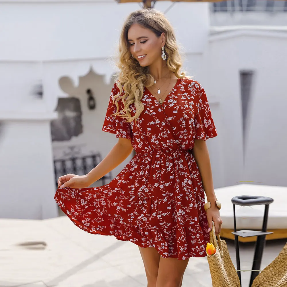 

Spring Summer Print Short Dress Women 2021 New V Neck Butterfly Sleeve Slim Floral Dress Ladies Fashion High Waist Party Dresses