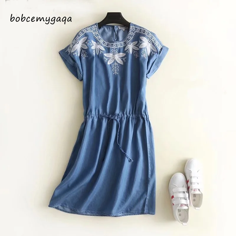 Женское джинсовое платье с вышивкой летнее мягкое Плиссированное Платье До