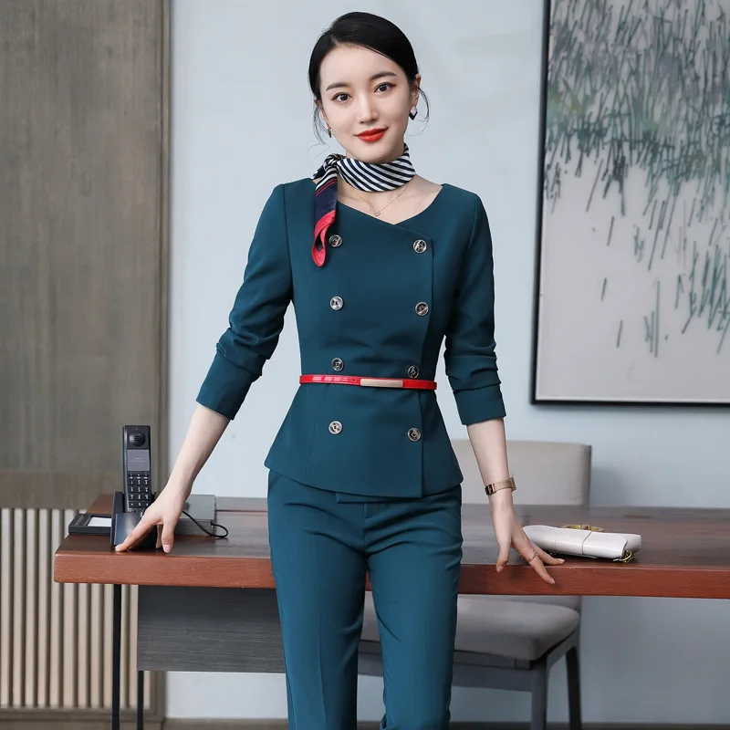 IZICFLY Autumn Winter New Office Ladies Suit with Pant Two Piece Women Business Blazer Set For Interview -Include Scarf and Belt