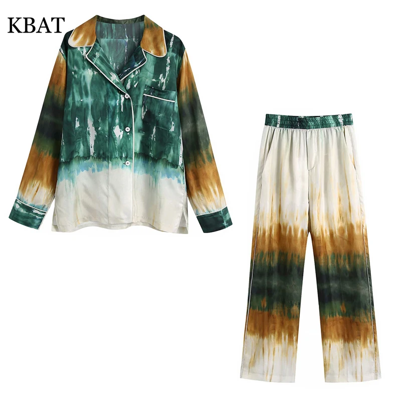 

KBAT 2021 New 2 pieces Tie Dye Suit Women Blouse Long Sleeve Top Chic Female Shirts High Waist Wide Leg Pants Woman Trouser