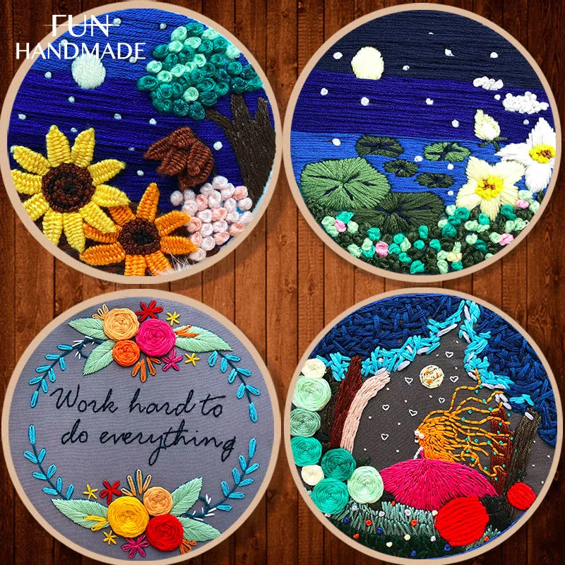

2021 DIY Dark Style Embroidery Kit Sunflowers Lotus Skeleton Princess Cross Stitch with Hoop Handmade Crafts Decor