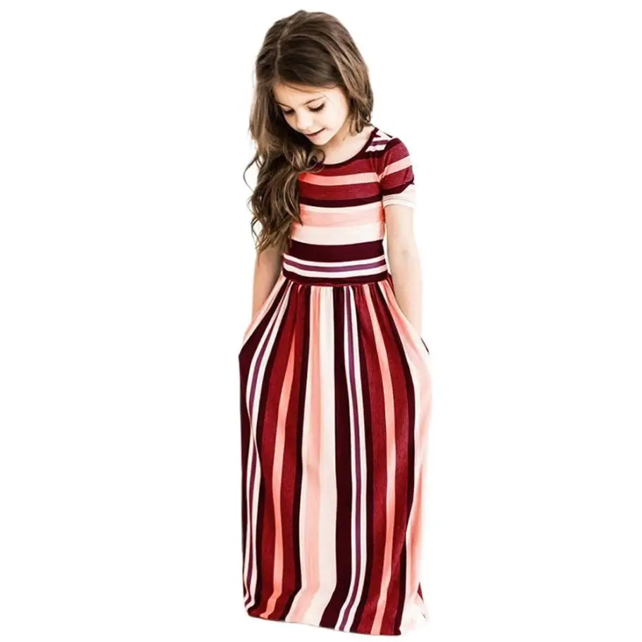 Baby Girl Striped Print Long Dress Toddler Girls Short Sleeve Bohemian Kids Clothes Cotton Summer Beachwear | Детская одежда и