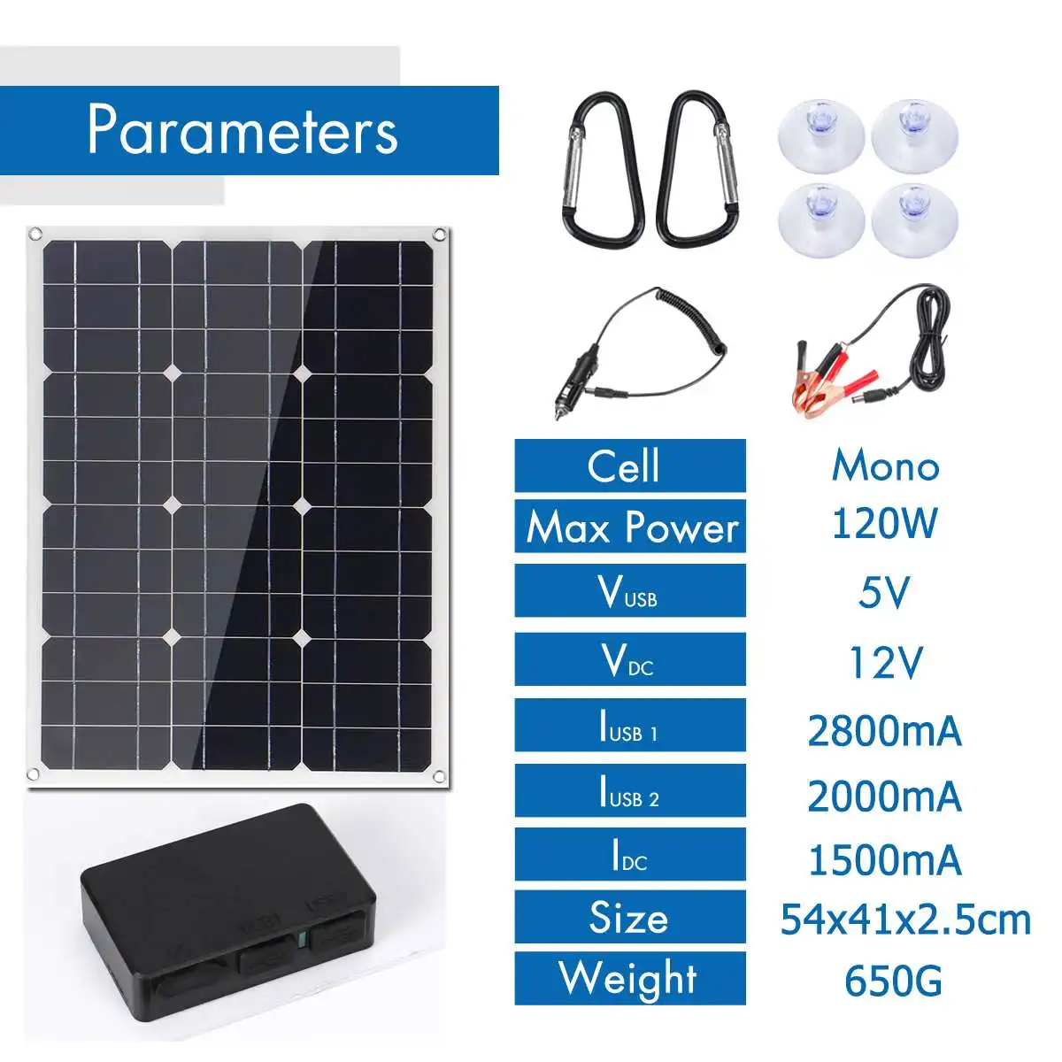 

30W Monocrystalline Solar Panel Dual USB Port with 2pcs Buckle + 4pcs Suction Cup with Charging Line With 10/20/30A Controller
