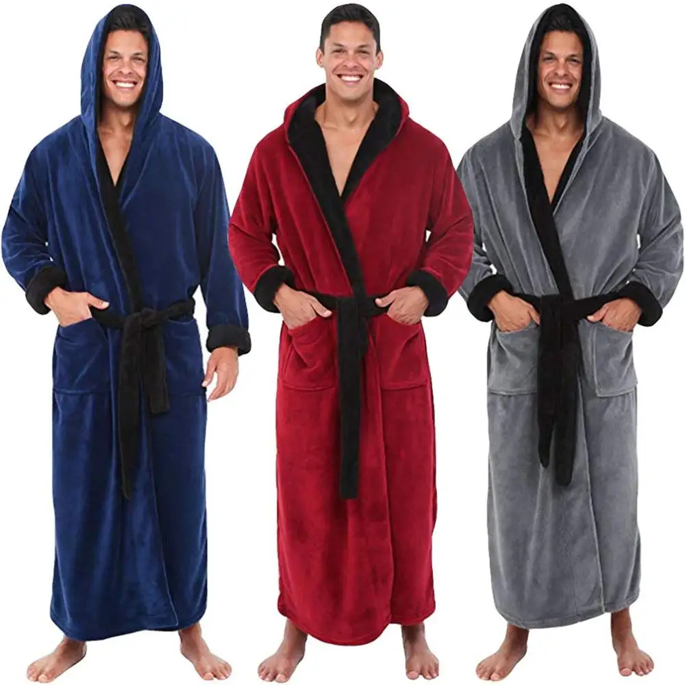 

Oeak Men's Bathrobe Flannel Hooded Winter Robe Solid Plush Thick Lengthened Bathrobe Man Homewear Terry Robe Pajama Nightgown