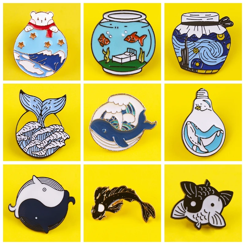 Инь Ян кои Карп брошь на булавке для воротника брошка лацканы Pin Fish Wave Sea Китовая