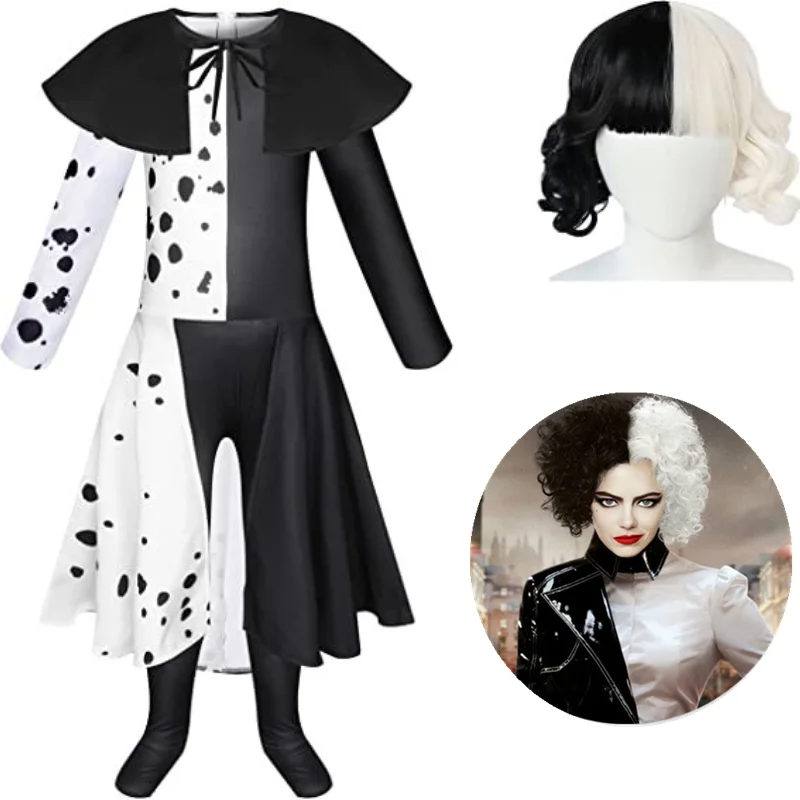 

Halloween Carnival Show Anime Costume 101 Dalmatians Cruella De Vil Cosplay Clothing Jumppsuits Suit Role Playing Bang Wig Hot