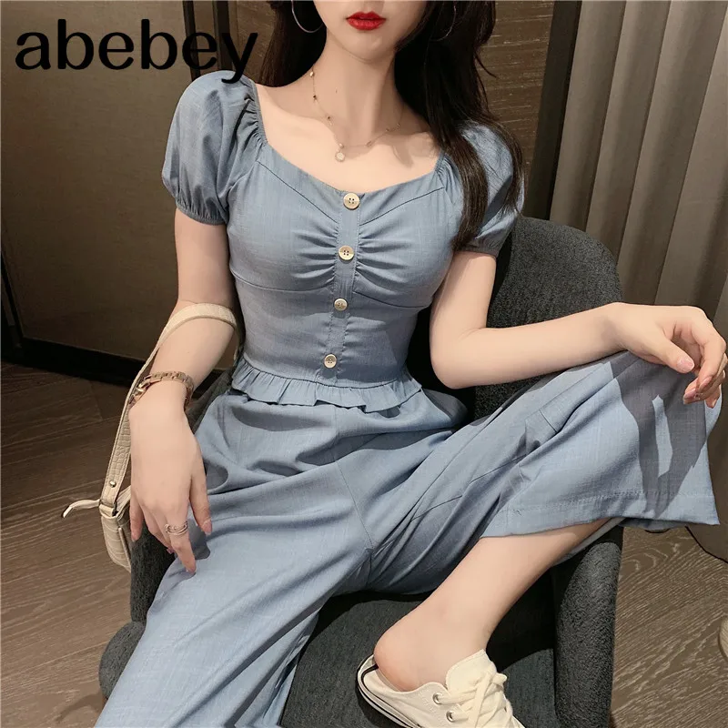 

Blue Puff sleeve Elastic Cropped Tops and Elegant Wide leg Pants 2 piece Trousers Sets Women Fashion Imitation cowboy Casual Set