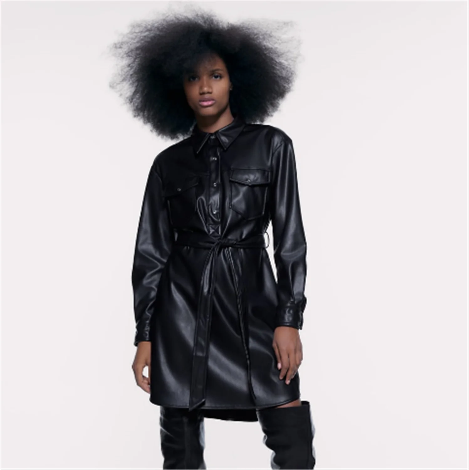 Женское платье рубашка из искусственной кожи ZA вечернее мини с отложным