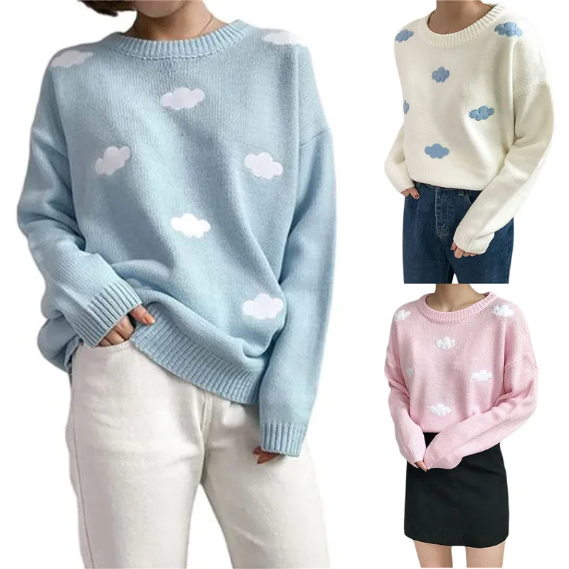 

Women Casual Kawaii Sweater Cute Cloud Pattern Long Sleeve Round Neck Knitting Pullover Autumn Winter Loose Knitwear Streetwear