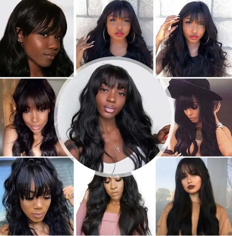 Парик из натуральных бразильских волос 100% натуральные волнистые парики с челкой