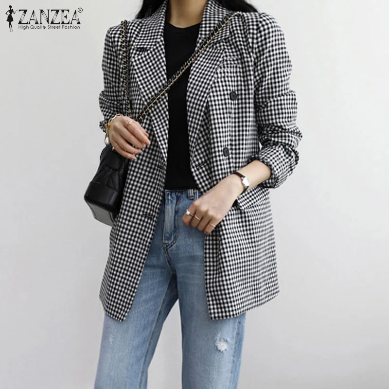 

Elegant Check Blazers Women OL Style Coats ZANZEA 2021 Casual Long Sleeve Outerwears Female Double-breasted Coat Tunic