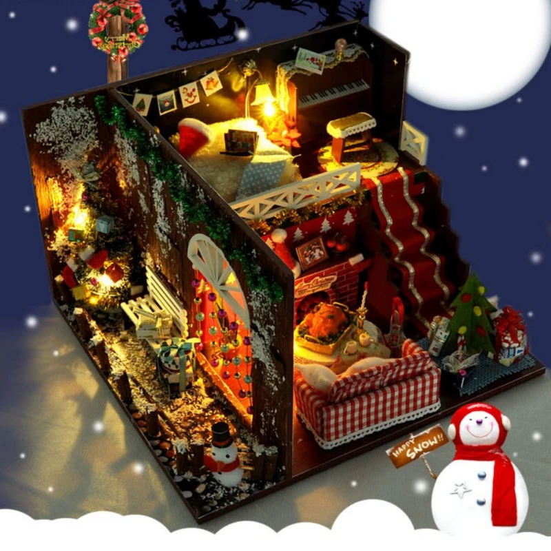 

DIY Assemble Christmas Miniature Dollhouse Kit With LED Light And Furniture 3D House Model Craft Decoration