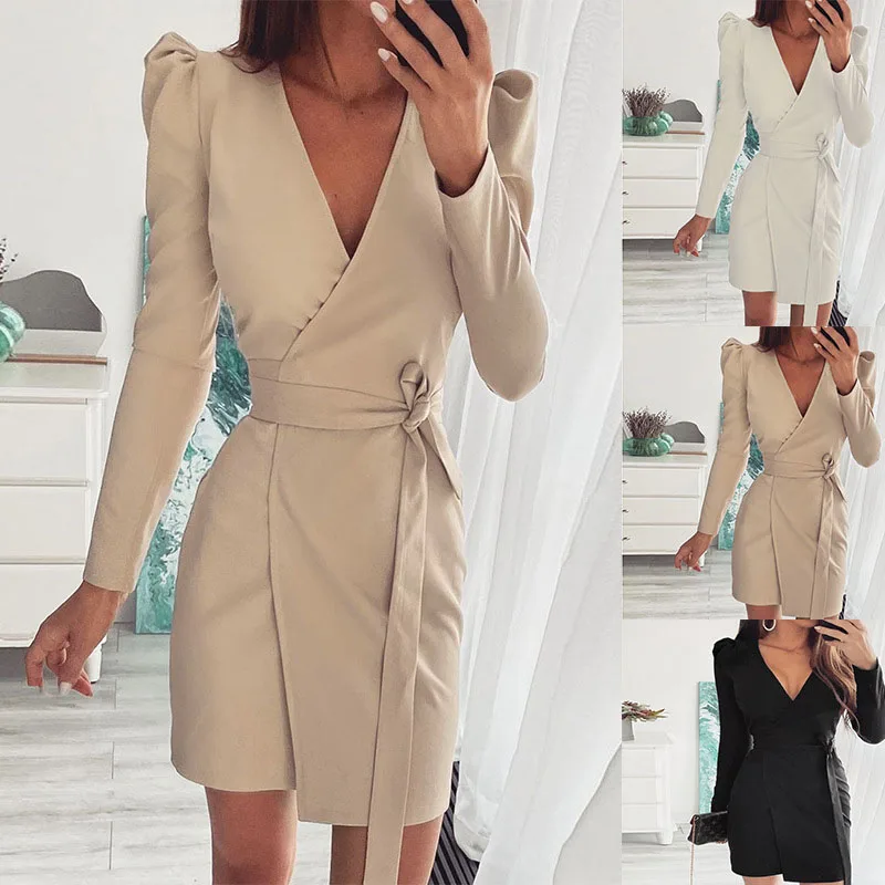 

Long Sleeve Dress 2021 Fall Women Sexy V-neck Folded Shoulder Slim Belted Shirt Dress White Black Vesttidos De Mujer Casual