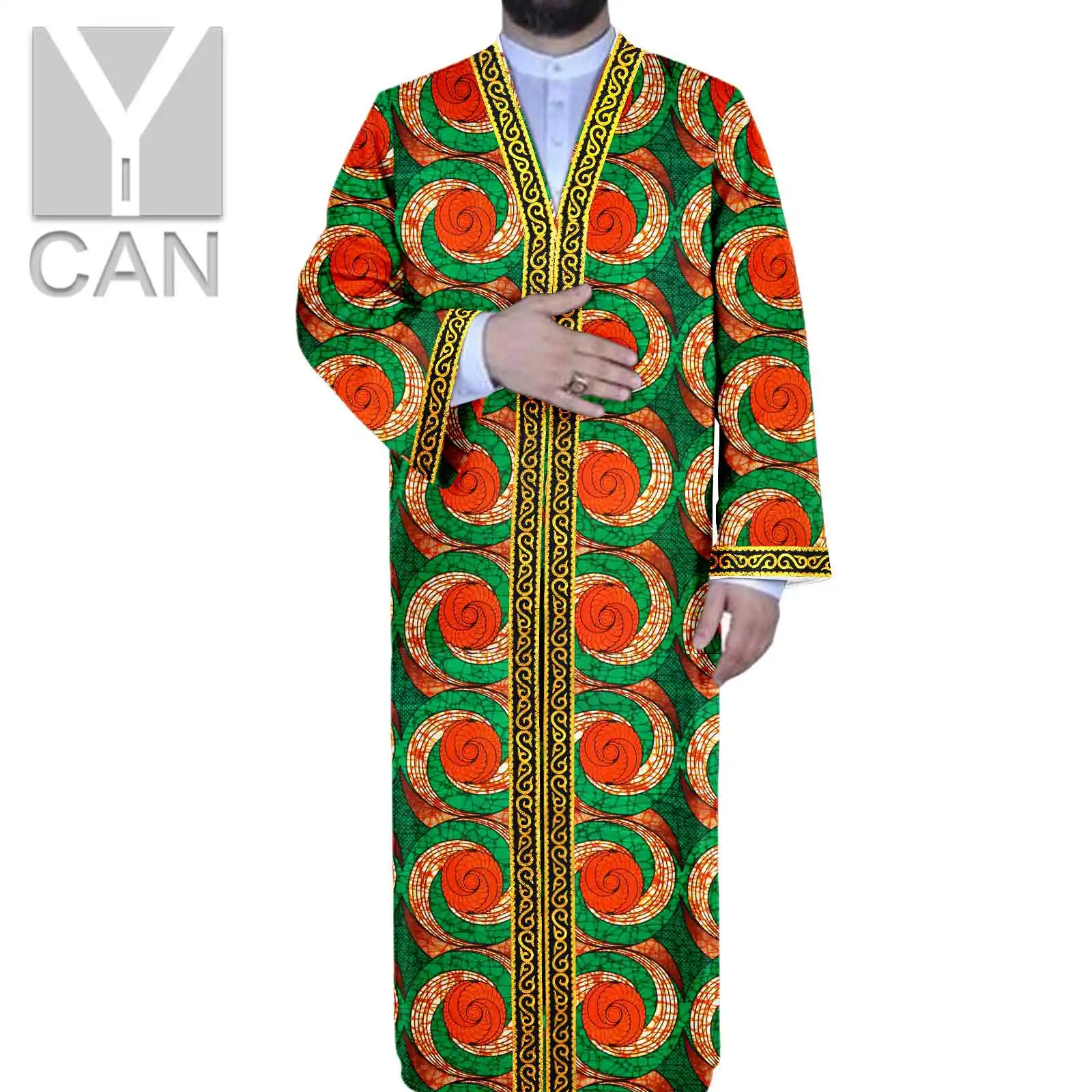 Y-CAN Men Ankara Print Dashiki Lace Sleeve Agbada Caftan Kurta Long Coats Texture  Fashion Comfortble Robes Y201027