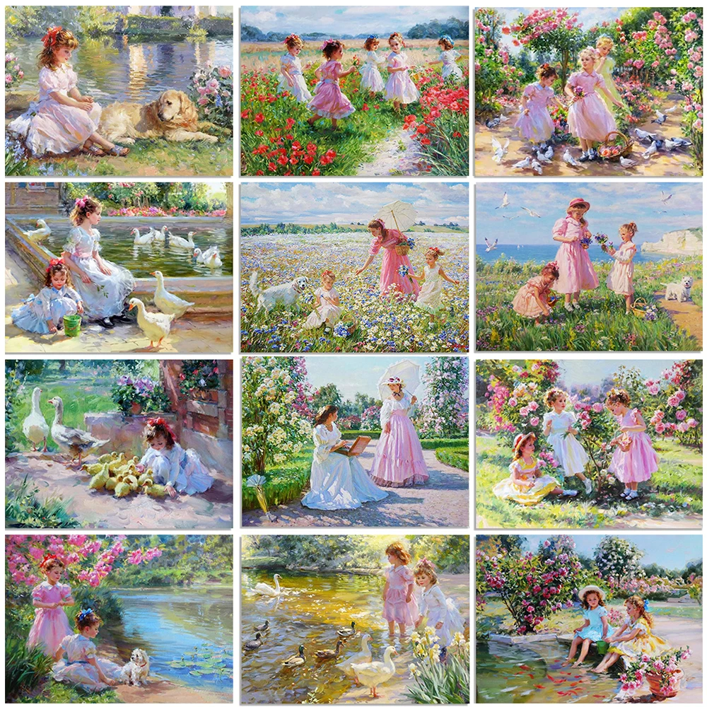 

QIZITENG 5D девушка портрет роспись бриллиантами камни в форме ромба Набор для рисования с круглыми камнями и полотном с вышивкой сад пейзаж дом...