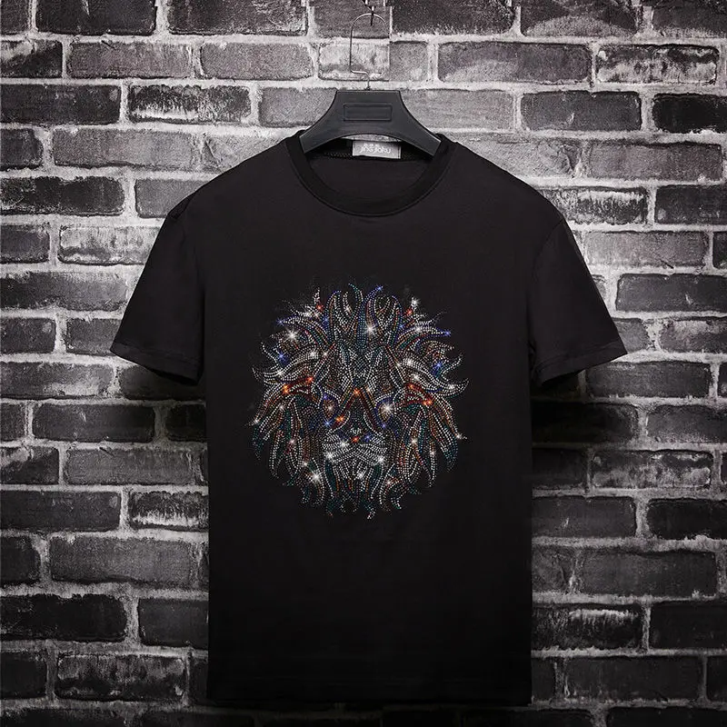 

2021 Summer New Casual Male T-shirts Man Crown Bee diamond Men T Shirts Fashion Black/white rhinestone Man T-shirt