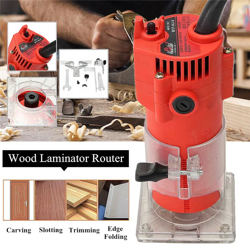 

Wood Electric Hand Trimmer 220V 300W 30000r/min Collet 6mm US Plug Corded Wood Laminator Router Joiners Aluminum Power Tools