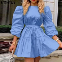 summer dress vonda 2022 women solid color casual short sleeve pleated bow square neck dresses loose puff sleeve beach sundress