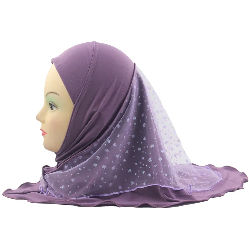 Light Purple Мусульманский хиджаб для детей, исламский шарф, шали с красивым кружевом, снежный узор, для девочек от 2 до 7 лет - Цвет: Light Purple