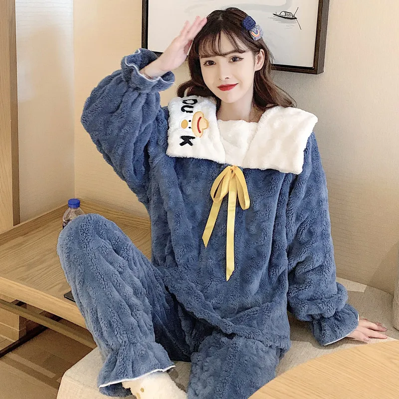 

Thick Flannel Winter Women Pajamas Set Flower Long Sleeve Sleepwear Warm Casual Homewear Female Pyjamas Pijama Cartoon pjs 2pcs