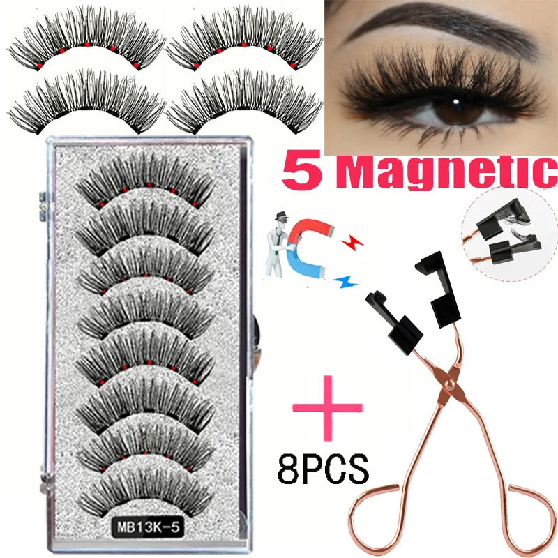 

8PCS 5 Magnetic eyelashes with 4 pairs magnets magnetic lashes natural Mink eye lashes with faux cils magnetique tweezers