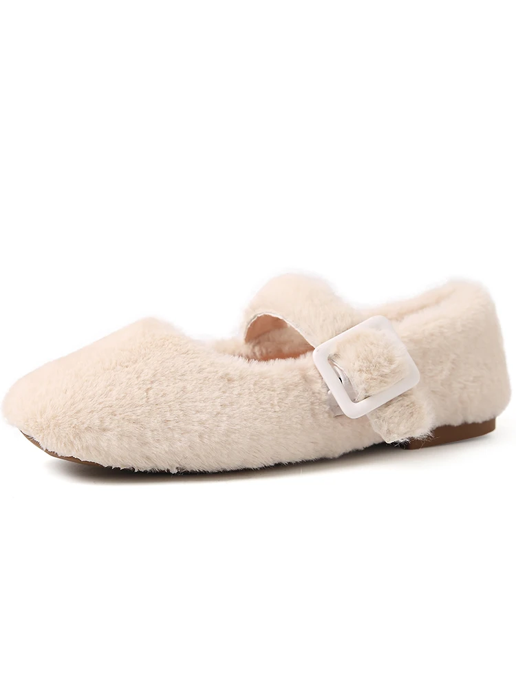 EOEODOIT Autumn Ballet Flats Shoes Casual Fur Shoes Square Toe Retro Fashion Women Lady Elegance Flat Heel Shoes