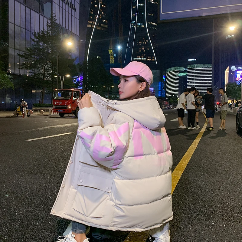 

HOT 2020 Winter Women Coat Loose short Warm Hooded Parkas Cotton Padded Down cotton letter print female jackets Big packets