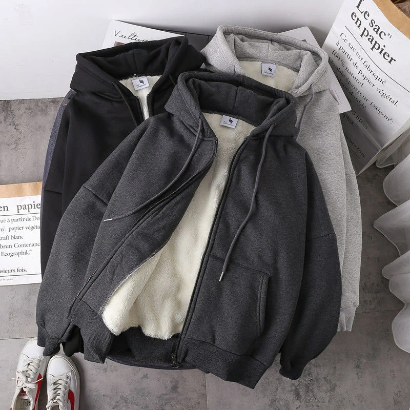

Women Warm Jacket Solid Hoodies Coat Autumn Winter Lamb Wool Fleece Loose Plus Sizes Thick Zipper Female Sweatshirt Grey Black