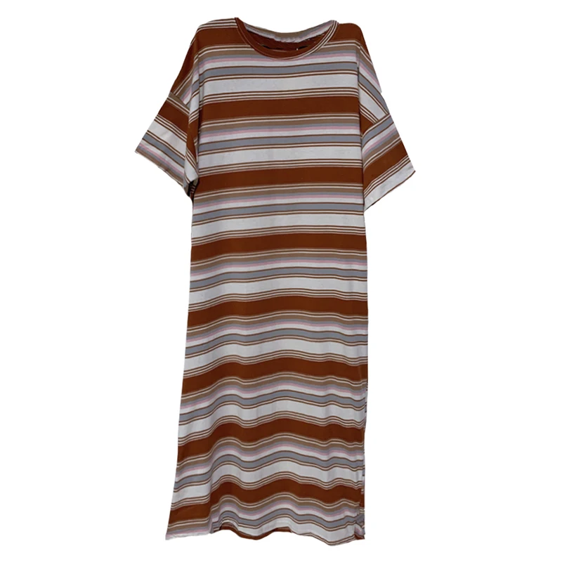 

NYFS 2021 Korean Summer Dress O-neck Short Sleeve Cotton long dress Vestidos Robe Elbise Striped Woman Dress