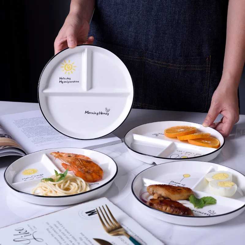 

8 Inch Three-divided Dinner Plate Ceramic One-person Food Household Breakfast Tableware Children Weight Loss Quantitative