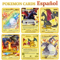 6pcsset newest pokemon gold metal cards in spanish charizard v vmax gx anime collection battle card trainer cover kids gift