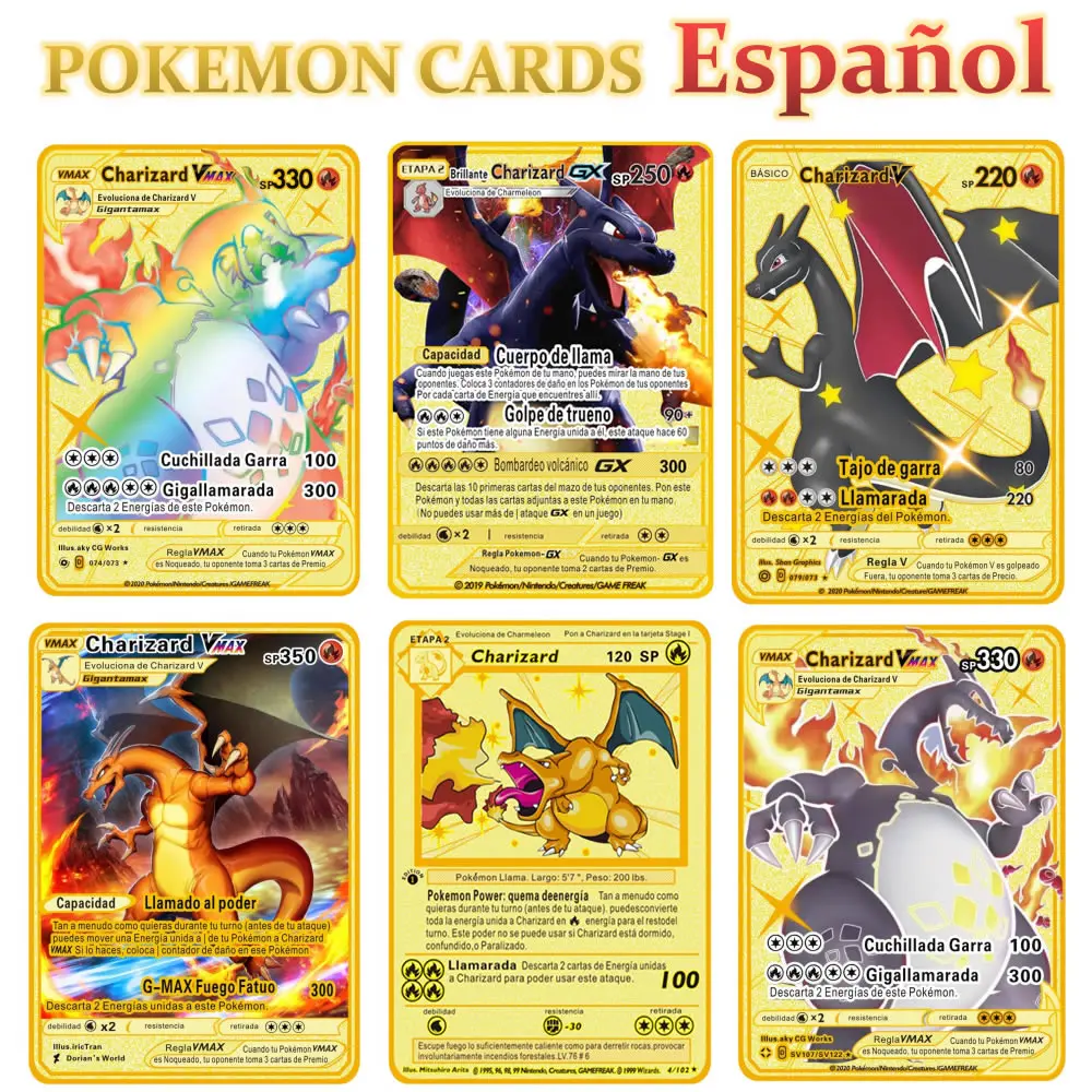 Juego de cartas de Pok&eacute;mon de Metal dorado en espa&ntilde;ol Charizard V Vmax GX, colecci&oacute;n de Anime, cubierta de entrenador de cartas de batalla, regalo para ni&ntilde;os, 6 unids/set por Set-0