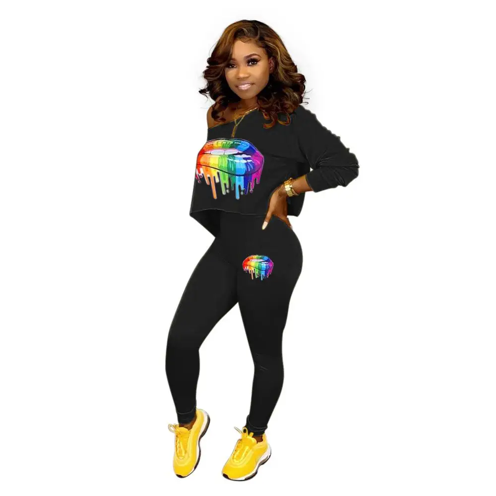 Brand fashion colorful lip print sexy women set lady autumn winter long sleeve 2 pieces outfits for DA5100 |