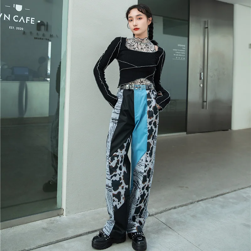 

Women Fashion Print Leopard Splice High Waist Wide Leg Pants Female Streetwear Trend Hip Hop Loose Casual Straight Trousers 8765