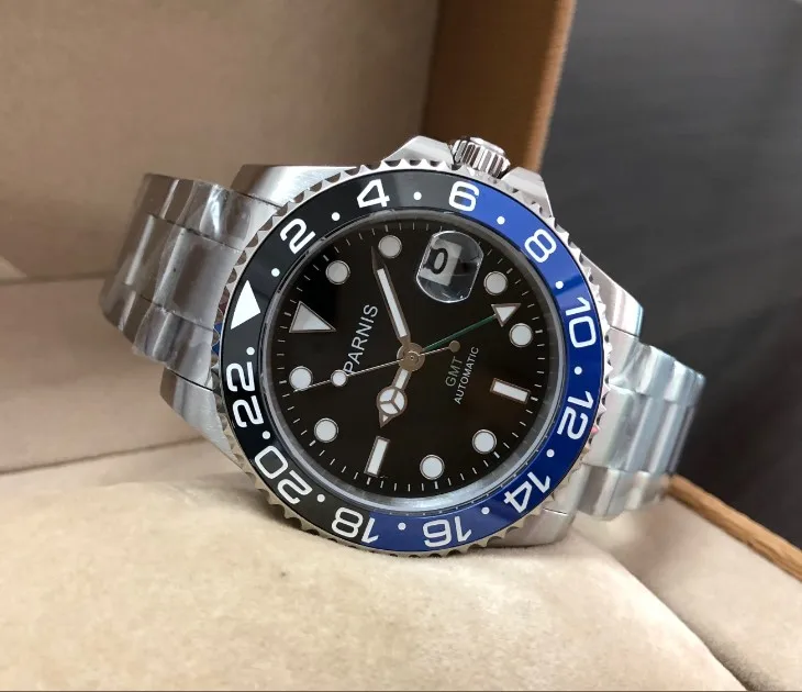 40 мм Parnis с сапфирами Кристалл 21 jewels GMT автоматическое машинное движение Мужские