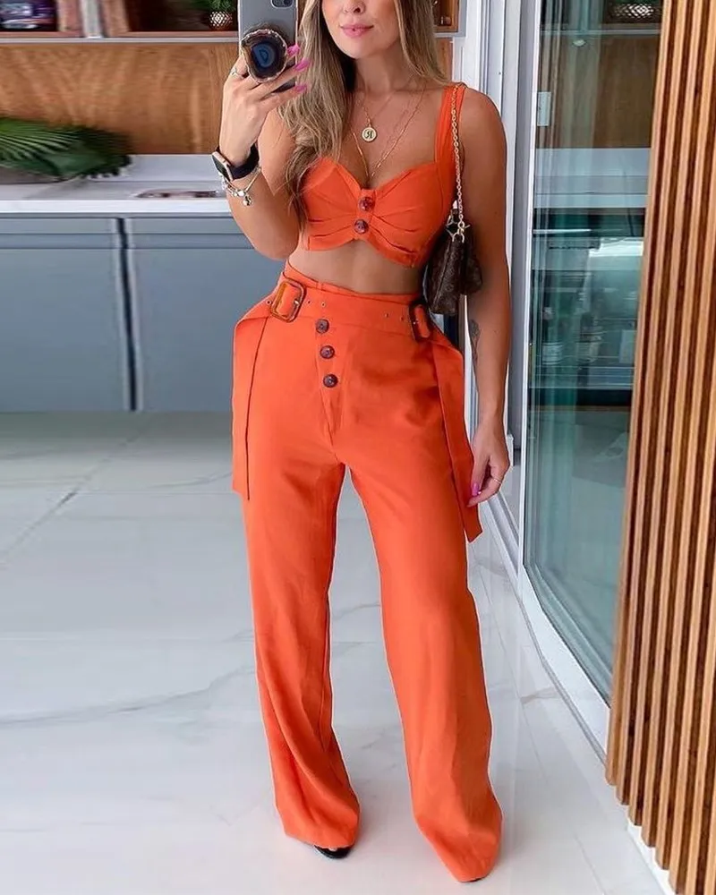 

pants suits women casual sexy Crop Strap Button Front Top & Drawstring straight Pants female trouser Sets 2021