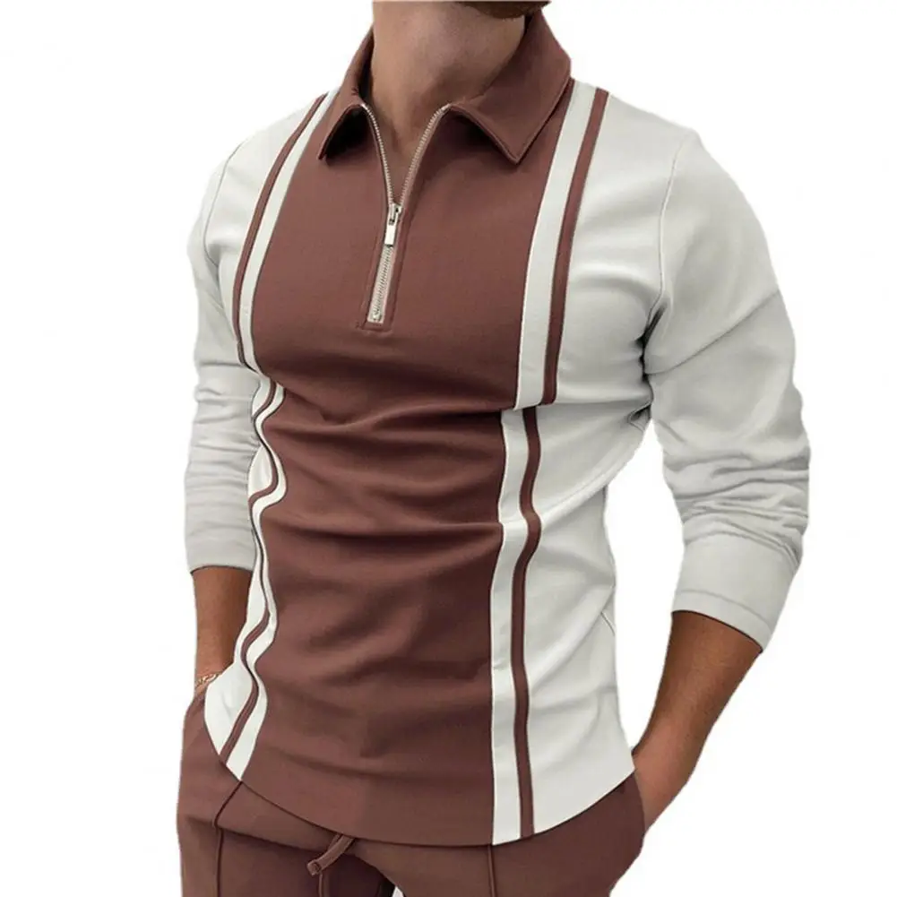 

Fashion Casual Polo Shirts Men Contrast Colors Turn-down Collar Casual Pullover Loose Autumn Top